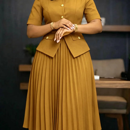 Women's Plus Size Spliced Pleated Dress Summer New Round Neck Solid Color Maxi Dress