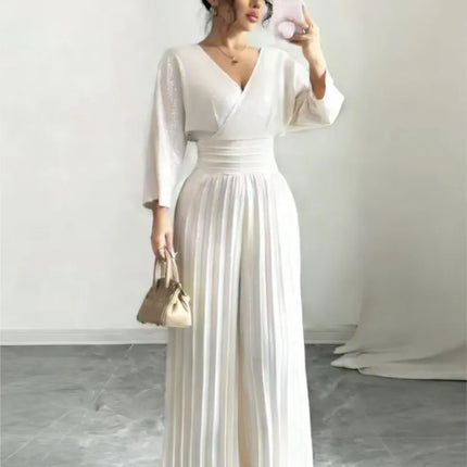 Women Spring Sexy Deep V-neck High-waisted Pleated Jumpsuit Fashion Solid Backless Slim Elegant Office Lady Wide-leg Jumpsuits