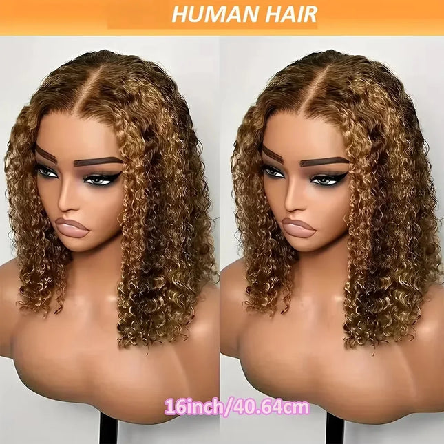 16 Inch Highlight Ombre Curly Bob Glueless Wig Human Hair Ready To Wear 250% Density 4x4 Deep Wave Lace Front Wigs Human Hair Colored Wig For Women