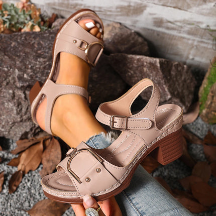 Women's Chunky Heel Sandals Adjustable Buckle Strap Plus Size Shoes Solid Color One Line Fashion Sandals for Women Summer 2025