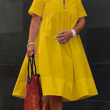 Women Short Sleeve V-Neck Pleated Midi Dresses 2026 New Loose Casual Minimalist Summer Cotton A-line Dress