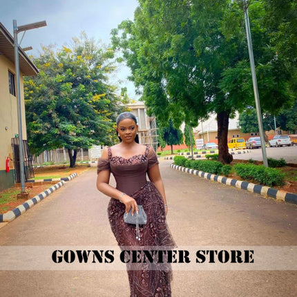 Fabulous Brown Lace Evening Dresses African Traditional Wedding Bride Dress Luxury Beads Lace Birthday Dress Asoebi Costomized