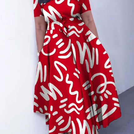 Casual Short Sleeve Woman Dress Office Lady Spring Summer Fashion Casual Loose Print Lace Up Dresses For Women 2024 Female Robe