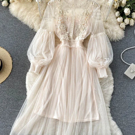 Ladies Dress Three-dimensional Flower Hook Mesh Temperament Stand Collar Lantern Sleeve High Waist Slim Female Dresses