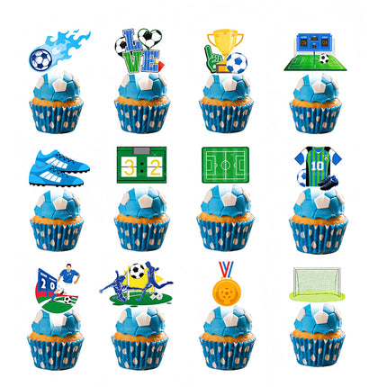 24Pcs Soccer Themed Happy Birthday Cupcake Toppers - Football Trophy Design Cake Decorations for Sports Birthday Party Supplies