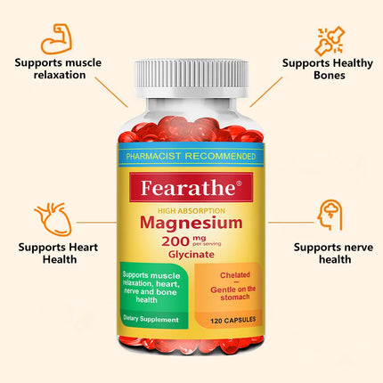 Magnesium Glycinate Capsules 200mg, Mineral Supplement for Relaxation, Sleep, Muscle, Bone, Cardiovascular & Immune Health