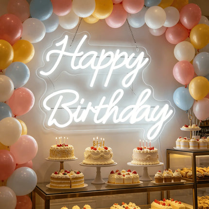 Happy Birthday White LED Neon Sign USB Wall Light Bakery Birthday Party Decor