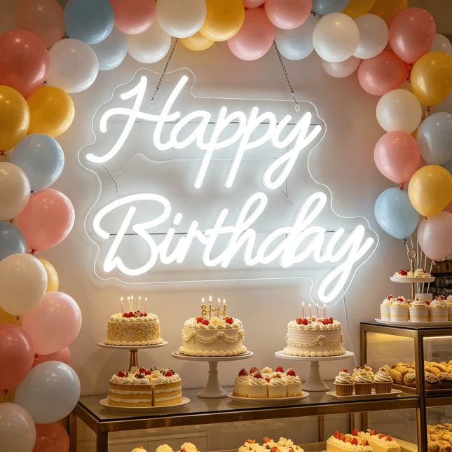 Happy Birthday White LED Neon Sign USB Wall Light Bakery Birthday Party Decor