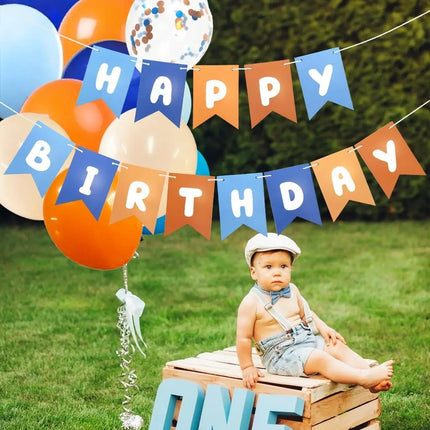 Blue and Orange Happy Birthday Banner Children's Celebration Bunting Banner Blue Orange Birthday Party Decoration Cartoon Theme