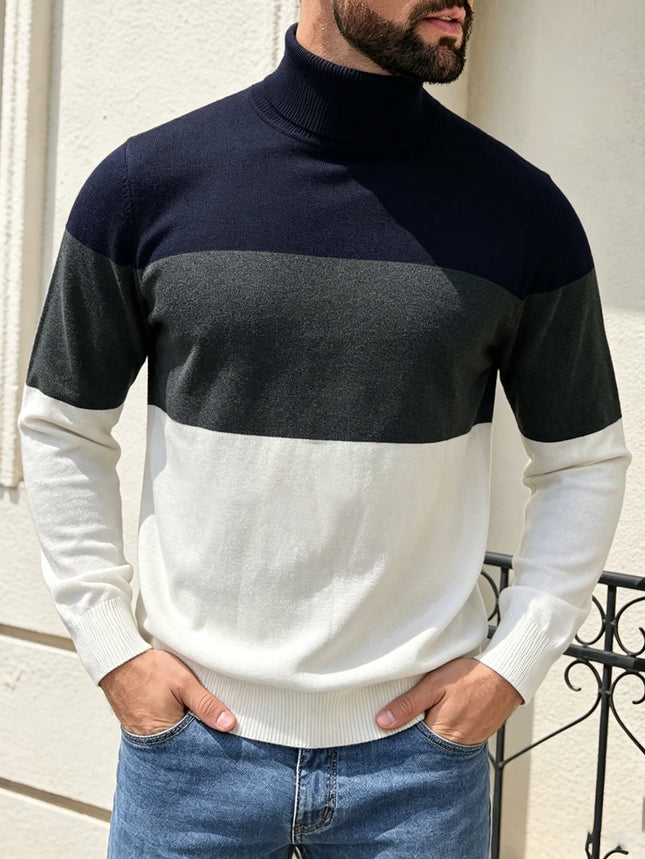 Men's Turtleneck Color Block Striped Sweater Long Sleeve Soft Warm Casual Pullover Knit Jumper