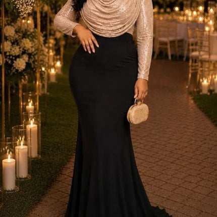 Women Sequin Long Sleeve Maxi Dress Pink Cowl Neck Draped Top Black Mermaid Skirt Bodycon Dresses Evening Wedding Guest Formal