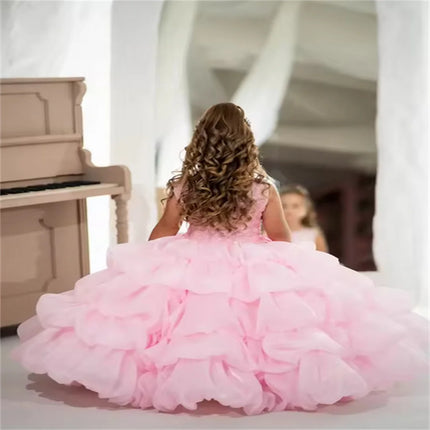 Customized Pink Flower Girl Dress For Wedding Layered Puffy Pearls Sequined Baby Kids Birthday Party First Communion Gowns