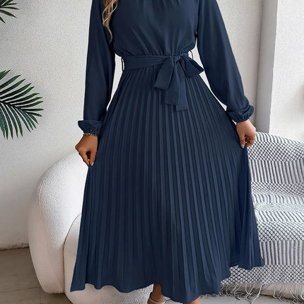 2025 Elegant Long Sleeve Fashion Dresses New Spring Women Belts Pleated Casual Solid Long Dress Casual A-Line Party Maxi Dresses