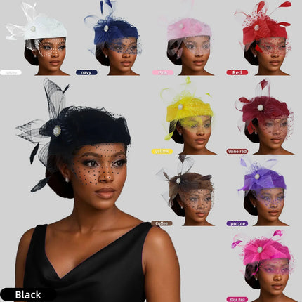 Women Bridal Fascinator with Feathers Dot Print Veil Elegant Pillbox Hats for Tea Party Wedding Church Fedoras Headscarf Bonnet