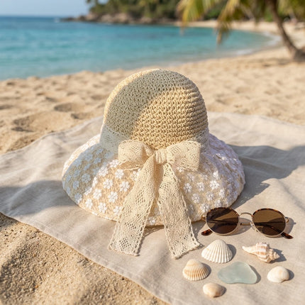 2026 New French Style Feminine Lace Straw Bucket Hat Summer Women Outings Sun Protection Hat Beach Vacations Seaside Hats