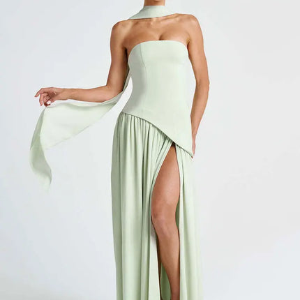 GACVGA Elegant Strapless Sexy Maxi Dress Women Gown Scarf Collar Bandage Backless High Split Club Party Evening Long Dress