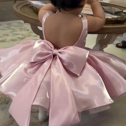 Wedding Mini Flower Girl Dress 2026 Satin Sleeveless Backless Bow Short Tutu Dress Baby Princess Dress Formal Party Dress Custom