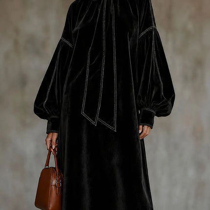Women Solid Velvet Maxi Dress Bow Tie High Neck Lantern Long Sleeve Loose Dress Elegant Fall Winter Office Evening Party Dresses