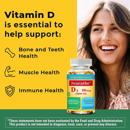 Vitamin D3 Capsules 2000 IU, Essential Daily Vitamin Supplement, Support Bone Teeth Muscle & Immune Wellness, Non-GMO