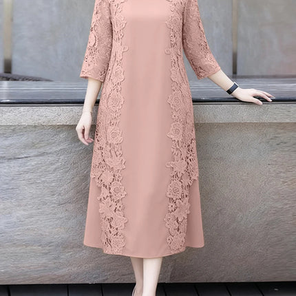 ZANZEA Women Stylish Lace Patchwork Dresses 2025 Autumn 3/4 Sleeve Office Sundress Embroidered Midi Robe Elegant Party Dress