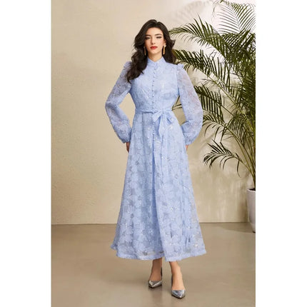 2026 Spring Autumn French High-end Women's Dress New Lace Embroidery Stand Lantern Sleeves Single Breasted Party Birthday Dress