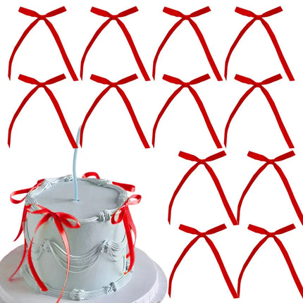 10pcs/20pcs Black Satin Bow Cake Toppers Pre-tied Ribbon Bows for Birthday Wedding Party Cake Decoration Supplies