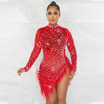 HBLL Sexy Pearls Rhinestone Party Dresses Women Elegant Nightclub Feather Birthday Dress Long Sleeve Mesh Sheer Bodycon Dress