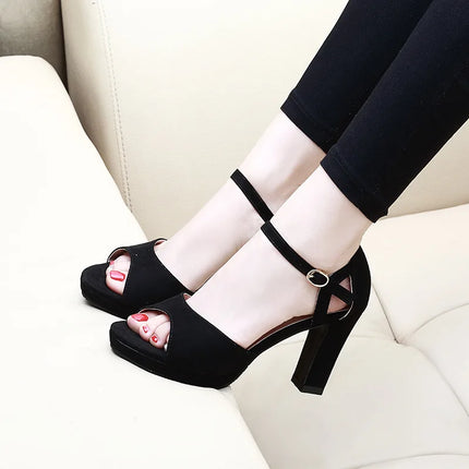 Solid One Word Band Sandals 2025 New Summer Buckle Strap 9CM Stiletto Shoes Waterproof Platform Elegant Lady High Heeled Shoes