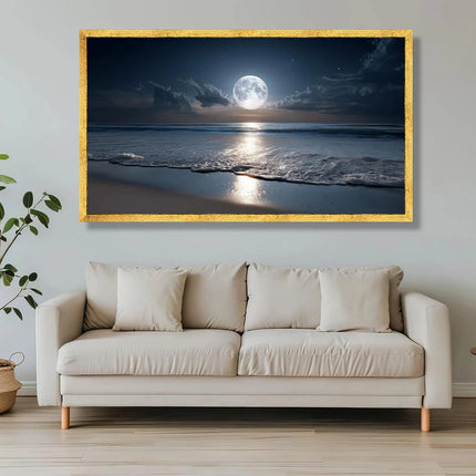 Full Moon Ocean Reflection Canvas, Night Beach Wall Art, Serene Seascape Canvas Print, Tranquil Coastal Decor, No Frame