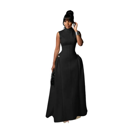 Women High Neck Sleeveless Fitted Floor Length Maxi Dress With Side Flared Detail For Formal Gala Wedding And Evening Party Occasion