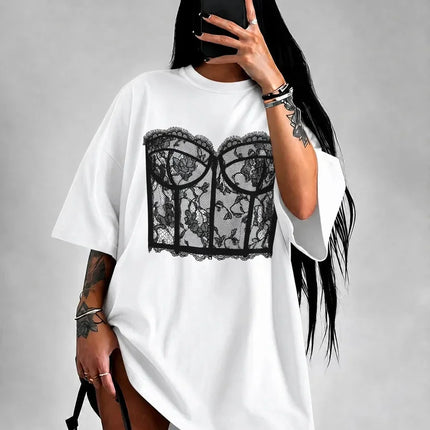 Lace Corset Print Oversized T Shirt Women Y2K Harajuku Casual Loose Short Sleeve Graphic Tee Summer Streetwear Tops