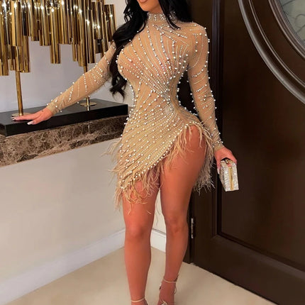 HBLL Sexy Pearls Rhinestone Party Dresses Women Elegant Nightclub Feather Birthday Dress Long Sleeve Mesh Sheer Bodycon Dress