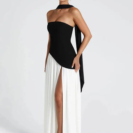 GACVGA Elegant Strapless Sexy Maxi Dress Women Gown Scarf Collar Bandage Backless High Split Club Party Evening Long Dress