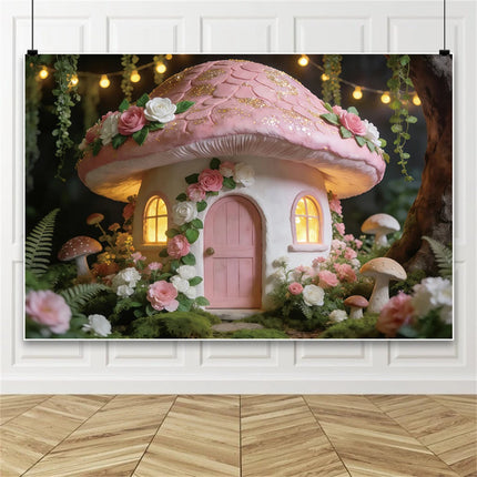 Pink Mushroom House Backdrop Enchanted Fairy Forest Floral Photography Background for Girls Birthday Baby Shower Party Decor