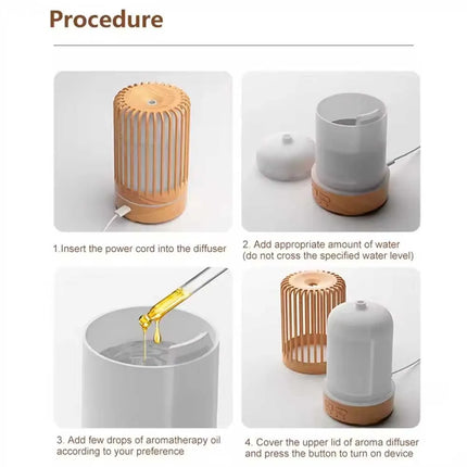 Wood-Grain Birdcage Aromatherapy Diffuser, Ultrasonic Humidifier, USB-Powered with RGB Night Light