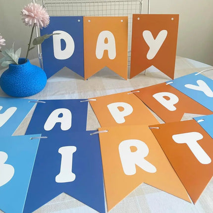 Blue and Orange Happy Birthday Banner Children's Celebration Bunting Banner Blue Orange Birthday Party Decoration Cartoon Theme
