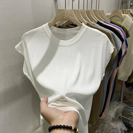 Women's T-shirt Summer O Neck Knitted Fashion Woman Blouse 2026 Short Sleeve Tees Solid Color Ice Silk Oversized T-shirt Women