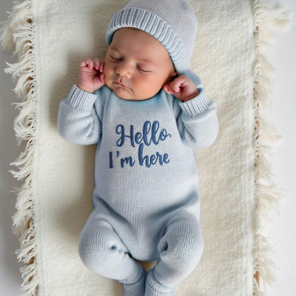 Ylsteed 2Pcs Newborn Photography Knitted Onesie With Hello Knit Embroidery Baby Outfit Suit Perfect For Newborn Photo Shoots-HD
