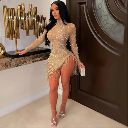 HBLL Sexy Pearls Rhinestone Party Dresses Women Elegant Nightclub Feather Birthday Dress Long Sleeve Mesh Sheer Bodycon Dress