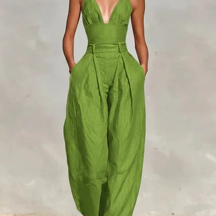 Elegant Sexy V-Neck Spaghetti Strap Jumpsuit Women High Waist Wide Leg Casual Romper Spring Boho Solid Backless Pockets Overalls