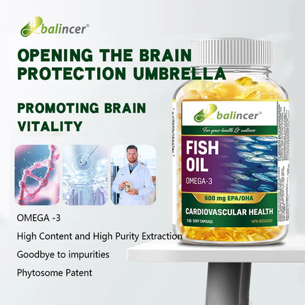630mg Wild Caught Omega 3 Fish Oil Softgels, Rich EPA & DHA Daily Nutrient Supplement, Brain Eye Joint Skin & Immune Support