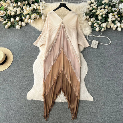 Miyake Tassel Patchwok Color Block Dress for Women Pleated Batwing Sleeve Mid-calf Dresses Fashion Female 2025 Summer