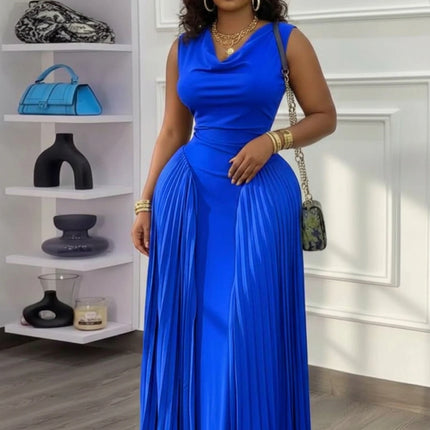 Women Sleeveless Cowl Neck Pleated Maxi Dress For Formal Evening Wedding Guest Prom And Banquet Occasion