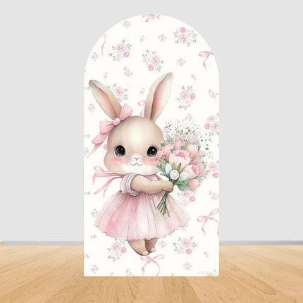 Pink bow cute rabbit arch background baby shower baby first birthday party layout background double-sidedprinting stretch fabric