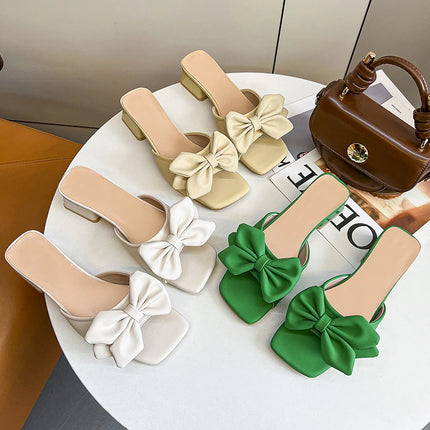 2026 Summer Square Heels Slippers Women Mules Green Butterfly-knot Slides Sandal Shoes Female Plus Big Size 45