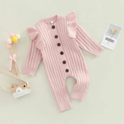 FOCUSNORM 0-18M Autumn Winter Baby Girls Boys Romper 3 Colors Solid Long Fly Sleeve Knitted Single Breasted Jumpsuit