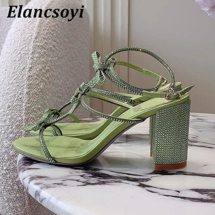 Chunky Heels Sandals Women's Shiny Rhinestone Bow-knot Open Toe Ankle Strap Sandalias Summer Fashion Party Wedding High Heels