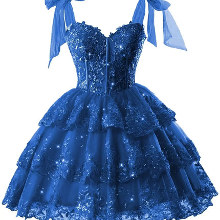 Sparkly Tiered Lace Tulle Homecoming Dresses Short Bow Straps Formal Prom Gowns Sweet 16