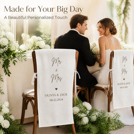 Personalized Wedding Chair Banner Custom Bride Groom Chair Backdrop Mr Mrs Sign Reception Party Decoration Name Date Fabric