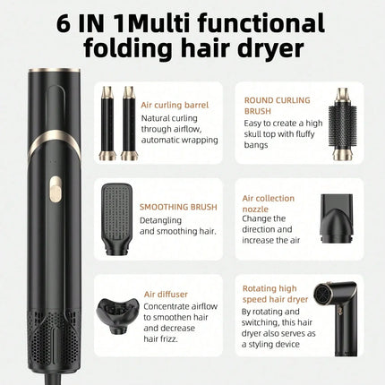 Six-In-One Hot Air Comb Foldable Curling Iron Hair Dryer Straight Roll Multi-Function Portable Hair Dryer